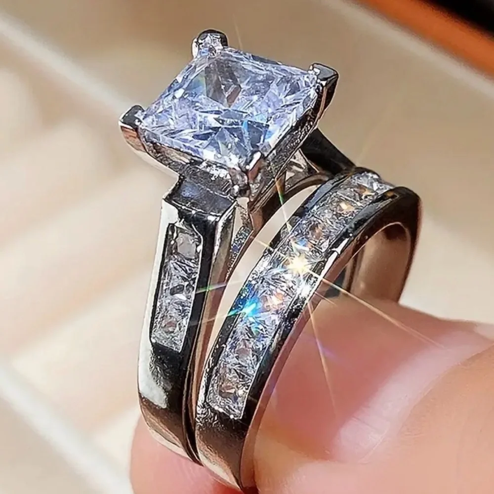 Elegant Silver and White Crystal Ring Set.